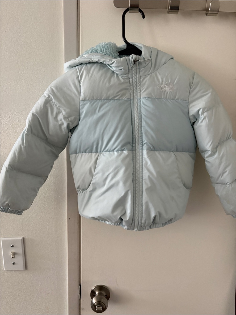 The North Face Light Blue Hooded Kids Puffer Jacket